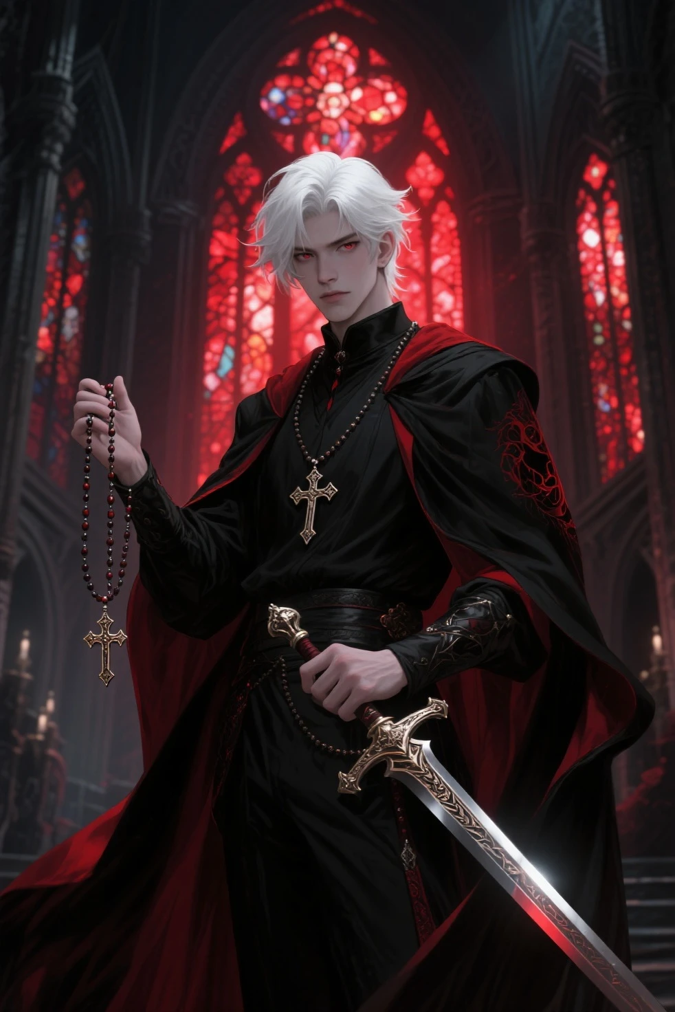 "Realistic Digital Painting with Concept Art Elements"," digital painting," "concept art," "realistic," "high detail", "1boy", "muscular", "wearing priest garment", "blood all over his hands and priest garments", "high-res", "blonde hair", "church", "moonlight", "bible in hand", "full body shot", "ominous aura,", "demon tail underneath priest garments", "bloody garments", "blood all over his face" "detailed-Eyes", "detailed-face", "blood on lips", "blood trickling down chin", "8k resolution", "heavily bloody as the entire garment is coated in red liquid", "soft colors" , "cool ambience" , "blood over the garment.", "praying" , "holding bible"