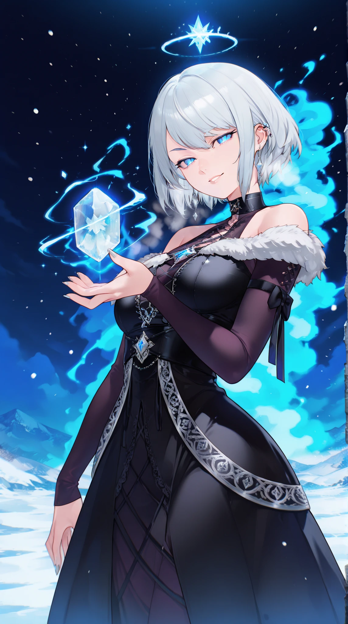 Close up, fantasy world, icy cave, ice walls, rocky, temple, alter, ruins, demonic, adult woman, short curly white hair, wicked grin, purple eyes, black face tattoos, long black robes