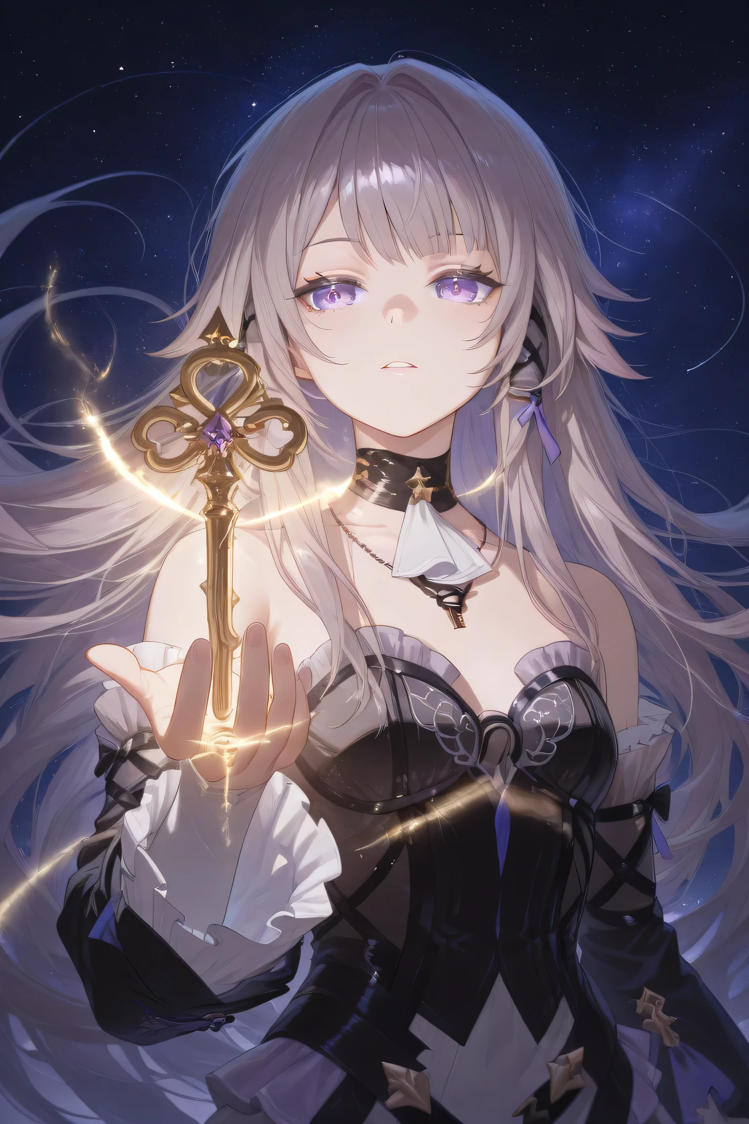 The Herta, 1 girl, observing a golden key in her one hand, against a vast starry background. looking at the key, High resolution