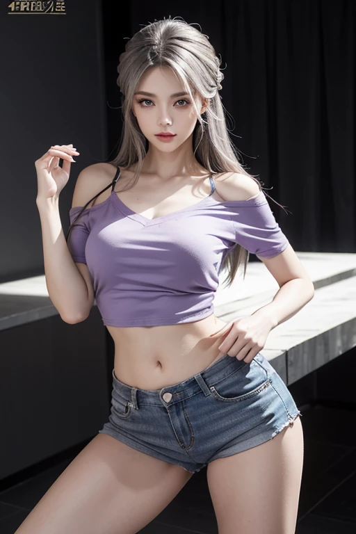 young girl, (19 years old), (perfect face), fit the body (Tattoo legs), (style: rock), (have green eyes), (Full body only......), (tired: shirtless, bare chest ,Cover the chest with your hands..., Open stomach wide ripped jean shorts , open thigh high,low waist), (purple hair, long hair, ), (moderate, Open your stomach wide..., rounded chest), (in the background, rock style night club). Standing and half sitting, leaning against the bridge railing.