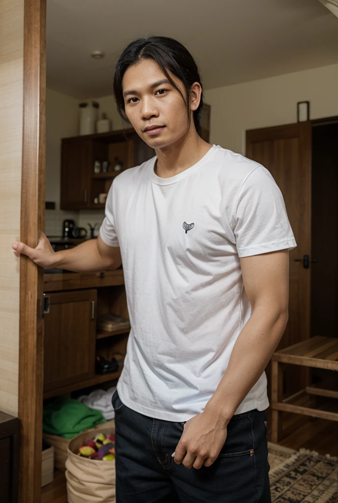Handsome young man, teenager, Thai person, very skinny, lean. (No muscles. )
