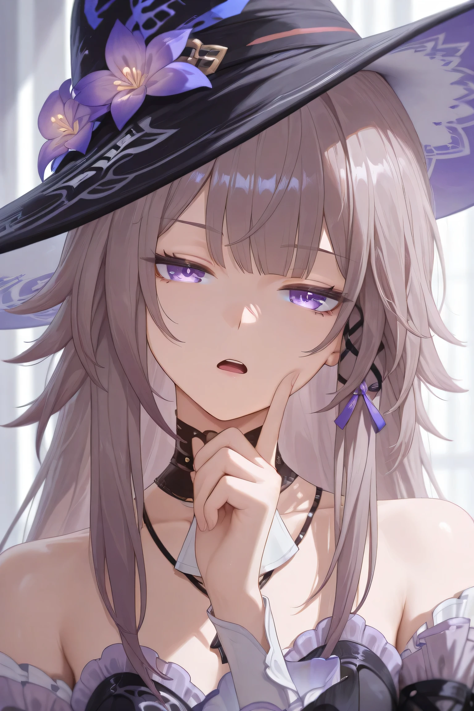 The Herta honkai star rail, unimpressed face, looking angrily at viewer, head tilt, wearing hat, open mouth, her hand approaching perspective of viewer