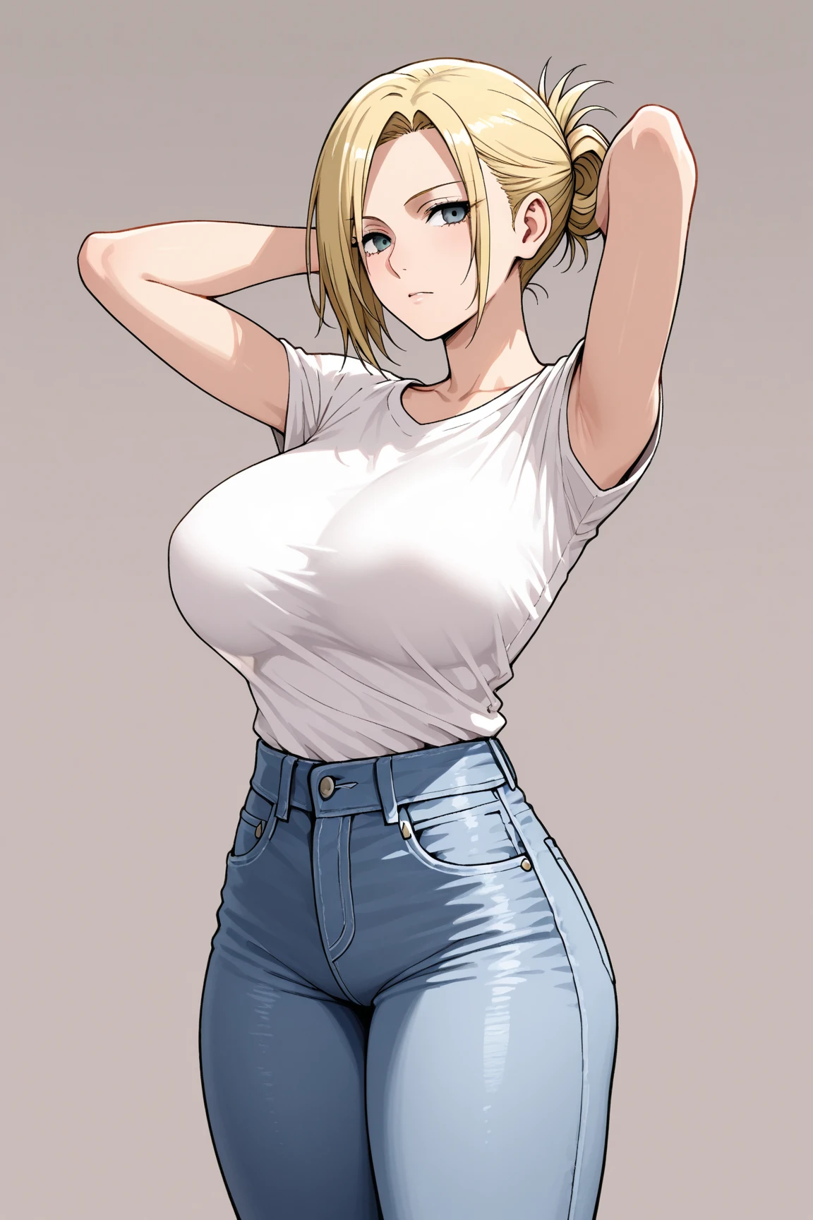 android 18, belt, looking at viewer, denim, white background, black shirt, short hair, denim skirt, solo, skirt, blonde hair, brown belt, blue eyes, striped sleeves, closed mouth, shirt, 1girl, earrings, simple background, jewelry, pantyhose, long sleeves, breast grab, ((perfect face))