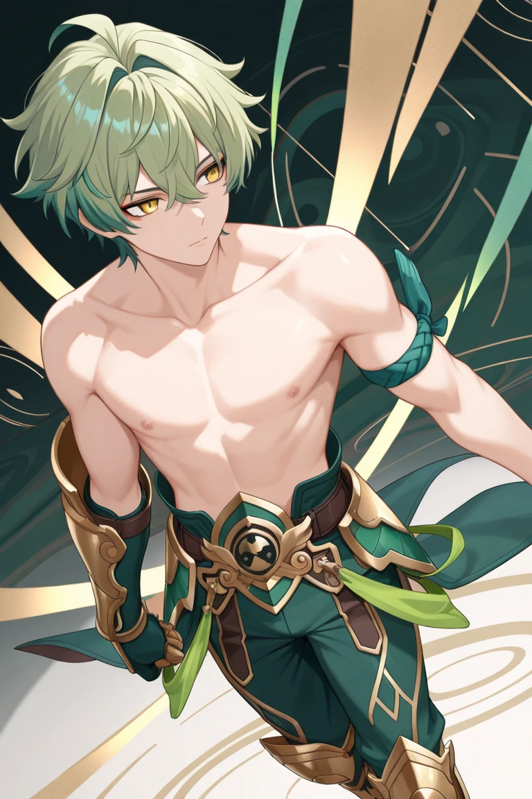 Demihuman dragon, defined pectorals, a boy, emerald eyes, aggressive, toxic power, large wings, dangerous claws