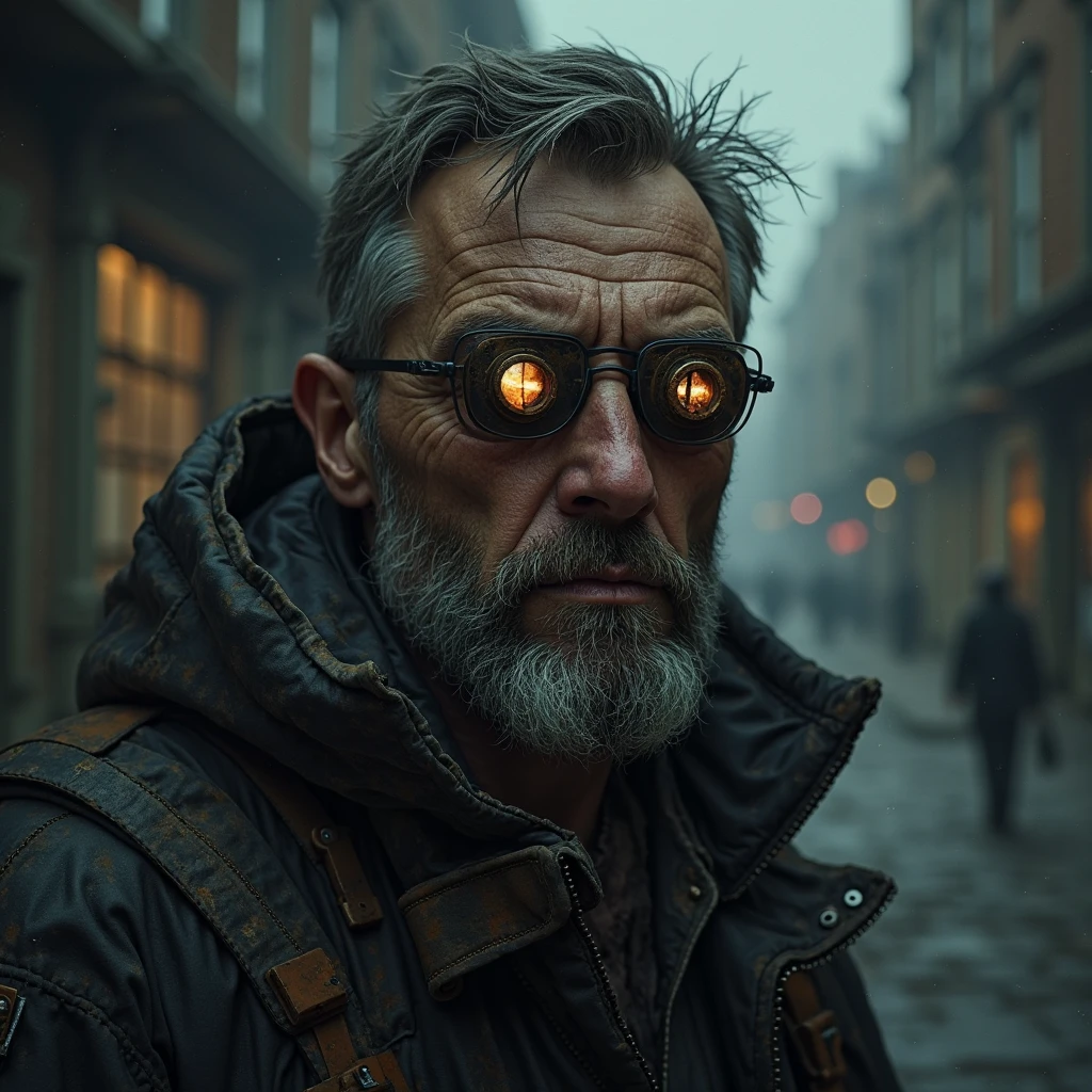 (best quality, masterpiece:1.2), photorealistic, thick outlines, strong shadows, <lora:add_detail:0.75>,
(1man, wrinkled face, old  male:1.2), wise,  brown eyes, brown hair, mutton chops,
 solo, (full body:0.6), looking at viewer, detailed background, detailed face, (<lora:postapocalypseAI:0.4>, postapoAI, post-apocalyptic  theme:1.1), secret agent, concealed,  espionage, intrigue,  secret mission, heist,   intelligence,  spy gear, yellow spy clothes, goggles, explosions in background, low light,  cinematic atmosphere,