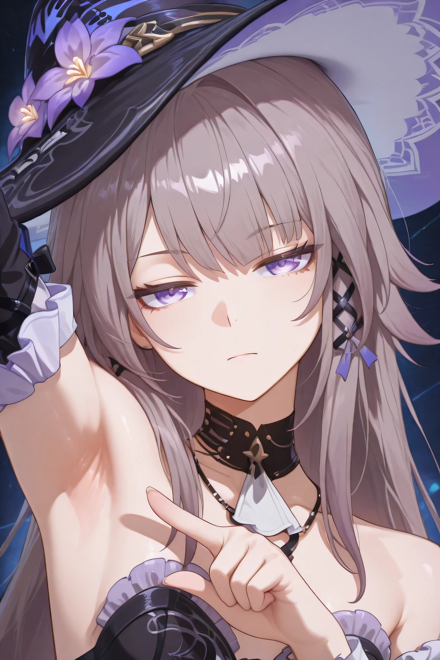 The Herta honkai star rail, unimpressed face, looking angrily at viewer, head tilt, wearing hat, arm up, armpit showing, finger pointing at her armpit