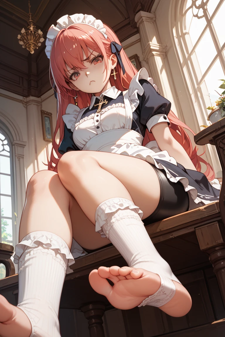 score_9, score_8_up, score_7_up, score_6_up, score_5_up, score_4_up, source_anime, 1girl,bed, pink hair, ponytail, white eyes, smile, w-w-chain, shackles, arms, long hair, sweaty shirt, skirt, thigh high boots, night, dungeon, best quality, best res, 4K UHD,