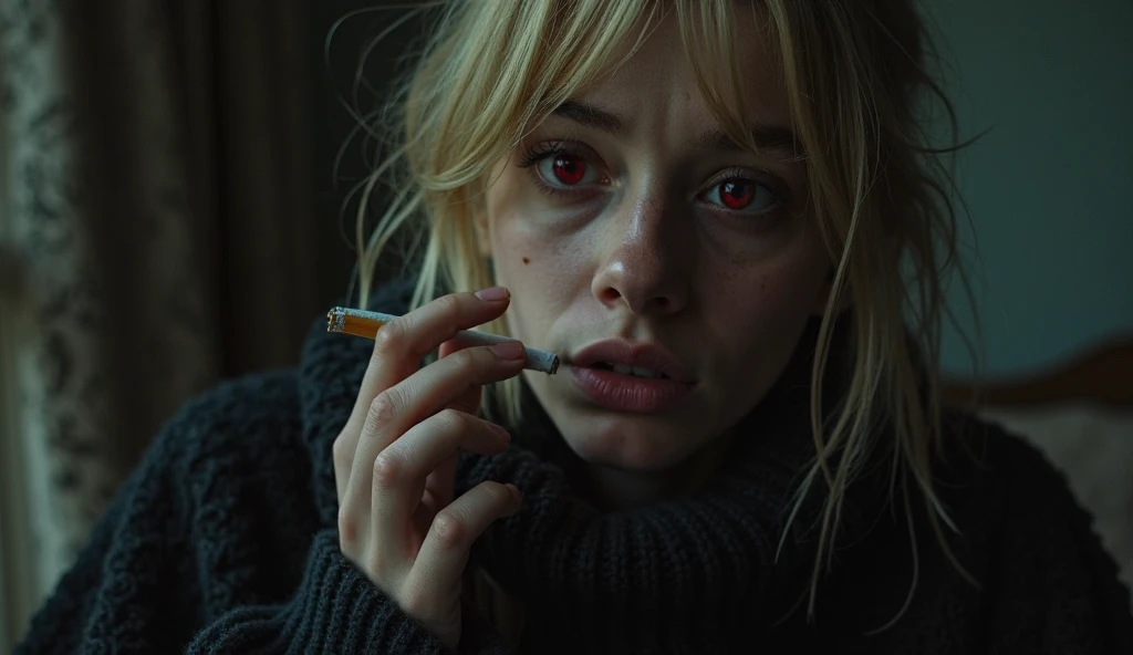 a white woman smoking, gloomy expression, blonde, in a forest setting, no excessive greenery, dry atmosphere, zoom in on the face, ultra realistic.
