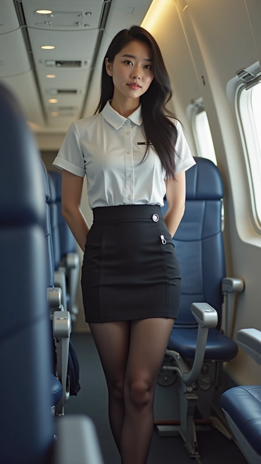 flight attendants, lady, tight skirt, bare legs, black hair, dark eyes,
(masterpiece), (best quality), looking at viewer, bright skin, (shiny skin:1.2),
peaceful face,
cowboy shot,
straight hair,
pixie cut,
