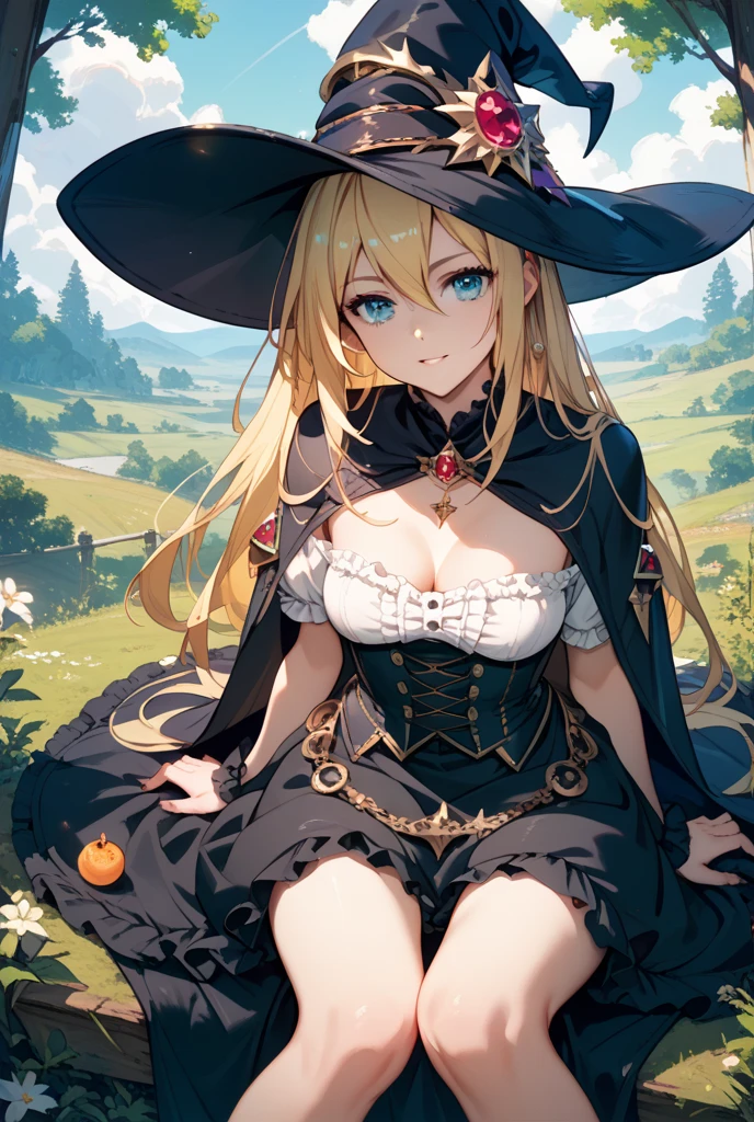 1 anime girl, ow2 mercy face, creame blonde hair, elegant straight hair, cute sexy witch hat, ((hair covering right eye)), (hair bangs over eye), ice blue eyes, (makeup and eyeliner), blushing, screaming terrified face, scared looked on her face, moaning mouth, (medium breasts), ((medium to large cleavage)), cute sexy sleeveless witch tunic, cute black pleated mini skirt, black school thigh highs, witch high heel shoes, scared posture, holding herself tight from fear, fallen on her butt sitting down, grass plains background, lake nearby, full body fan art.
[[High quality]]
[[Best fan art]]
[[Sexy anime]]
[[Hot anime fan art]].