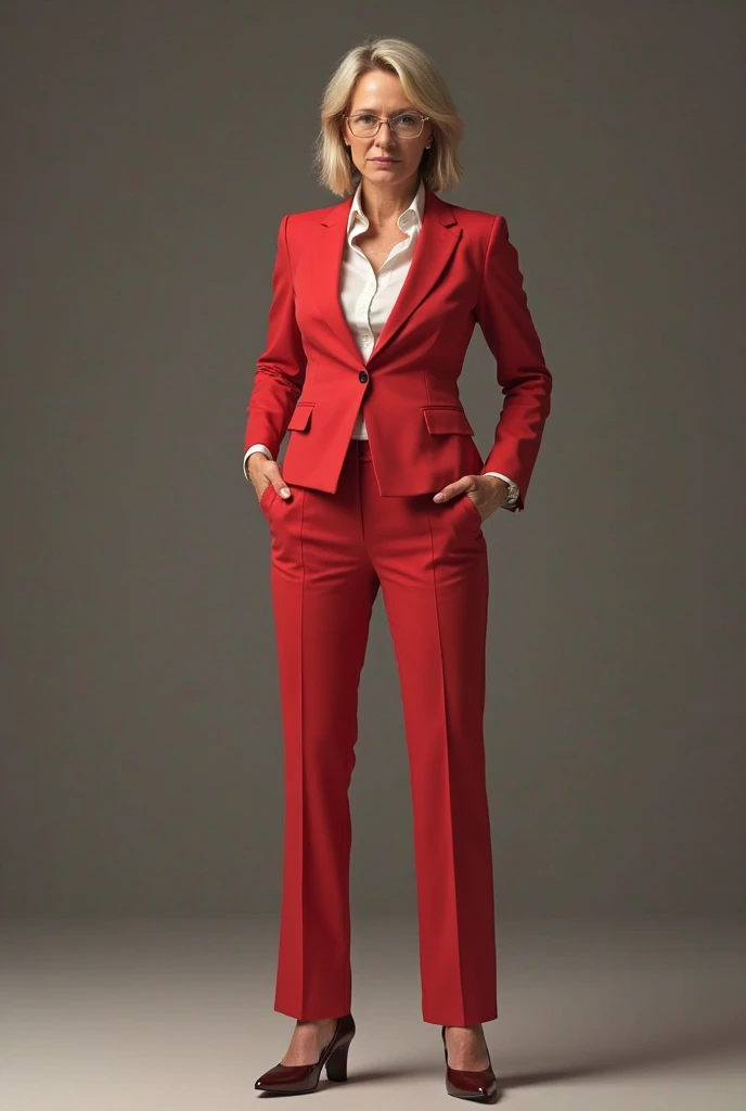 female with blue skin, white hair, red ayes, pointy ears, hyper realistic, Ultra detail, high res, 1girl, solo, standing, flat chest, suit, business suit, close-up, smile, arms at sides inside pockets, kneeling on bed (on her knees) bedroom background