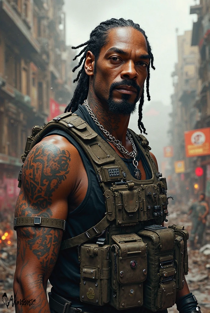 Black man who has tattoos and wear tactical jacket
