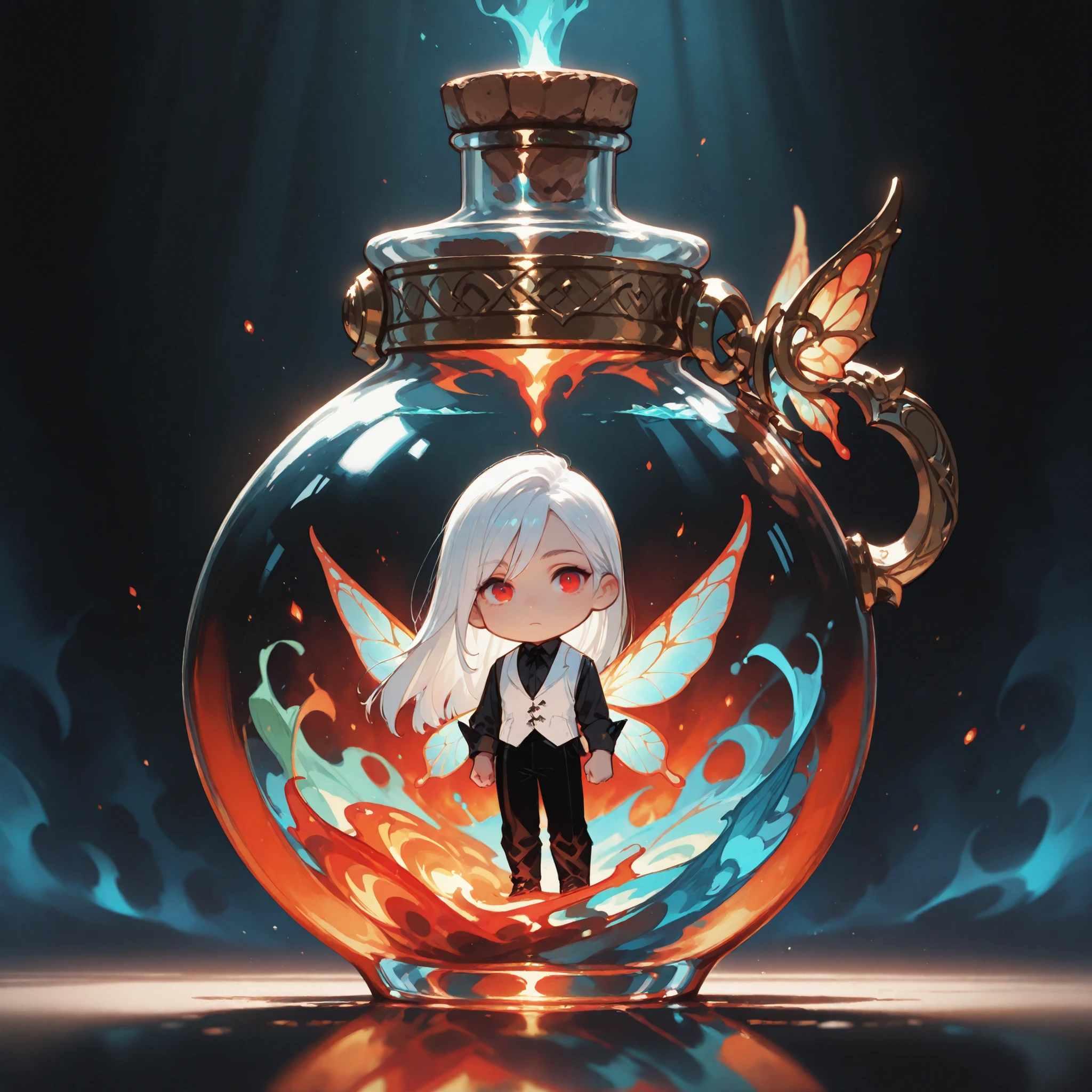 (masterpiece, high quality), chibi, solo, 1 boy, close-up, soft lighting, magical, fantasy,
male fairy, master of the fire, floating inside a transparent round glass bottle with cork, glowing liquid inside, fairy in a bottle
colorful spread wings, white hair, long hair, straight hair, side-swept hair, waist-length hair, red eyes, cool and perfect face, handsome, mysterious, dark fantasy,
(black formal shirt, white vest, black pants)