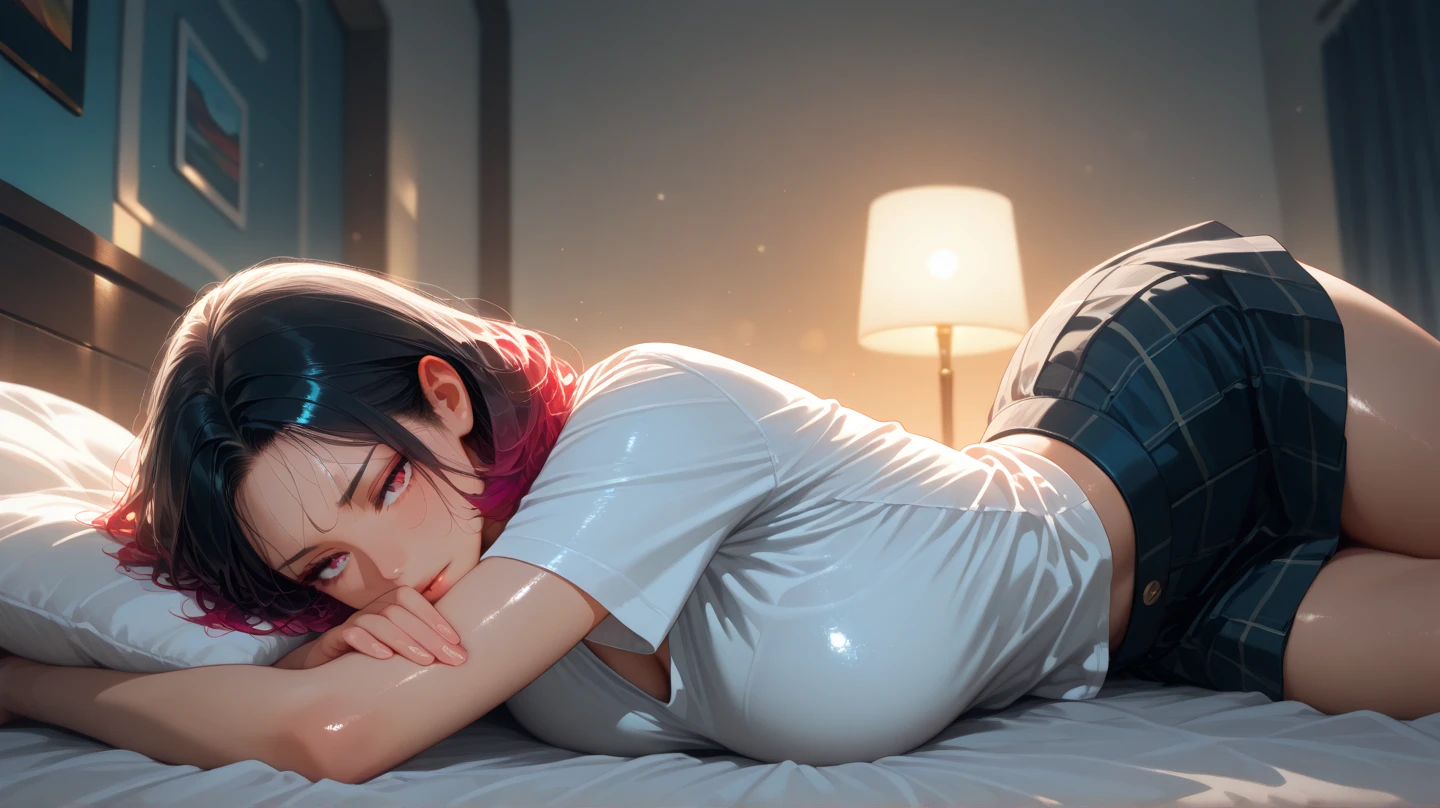 score_9, score_8_up, score_7_up, score_6_up, score_5_up, score_4_up, uncensored, yukinoshita yukino, absurdly long hair, grey eyes, black hair, very long hair, horny face, blush face, lips, naughty face, shiny skin, sweating, steaming body, heavy breathing, (small breasts:1.3), detailed body, detailed eyes,  BREAK (masterpiece:1.2), best quality, high resolution, unity 8k wallpaper, (illustration:0.8), (beautiful detailed eyes:1.6), extremely detailed face, perfect lighting, extremely detailed CG, (perfect hands, perfect ???????), hollow eyes, bright pupils, 1girl, solo, looking_at_viewer, lying, pantyhose, black_legwear, shorts, jacket, long_sleeves, breasts, on_stomach, 