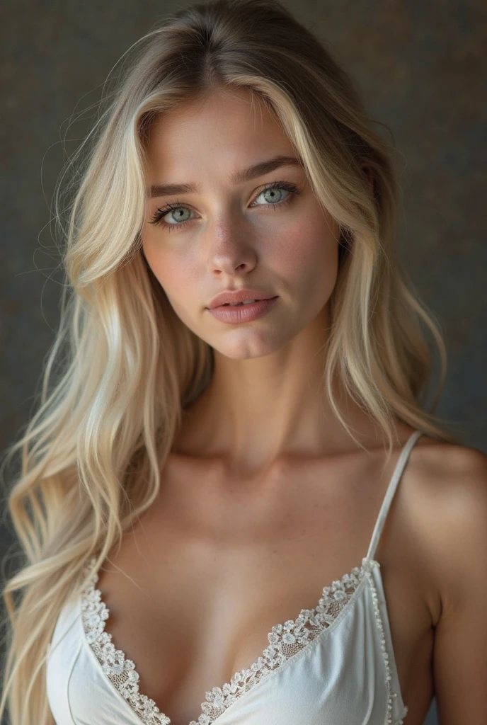 Blonde woman delicate face almost albino blue eyes naked athletic small muscles closeup super HD fully nude 