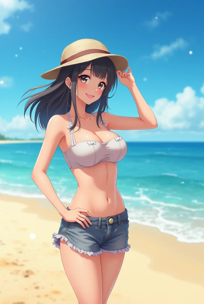 "A relaxed young woman smile abd enjoys a sunny beach setting,seated on a blue bench with a drink in hand. She's dressed in a blue bikini top and loose-fitting jeans with an undone belt,conveying a laid-back vibe. A baseball cap with the letter 'C' adorns her head,savoring the warmth of the sun and the gentle breeze. The surrounding scene is lively with other visitors and beach umbrellas,capturing the essence of a leisurely day by the sea.",big breast,