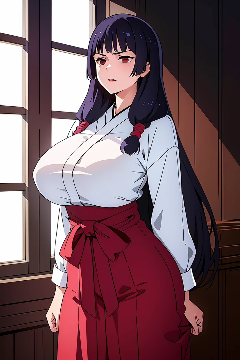 masterpiece, ((ultra detailed background, delicate pattern, intricate detail)), (highly detailed, fine details), best quality, beautiful lighting, ((huge breasts, slim girl)), Utahime, 1girl, solo, black hair, long hair, brown eyes, japanese clothes, twintails, miko, short skirt, blunt bangs, red hakama, complex detailed background, inside, castle room environment, medieval castle, gray walls, window, bookshelf, (cowboy shot)