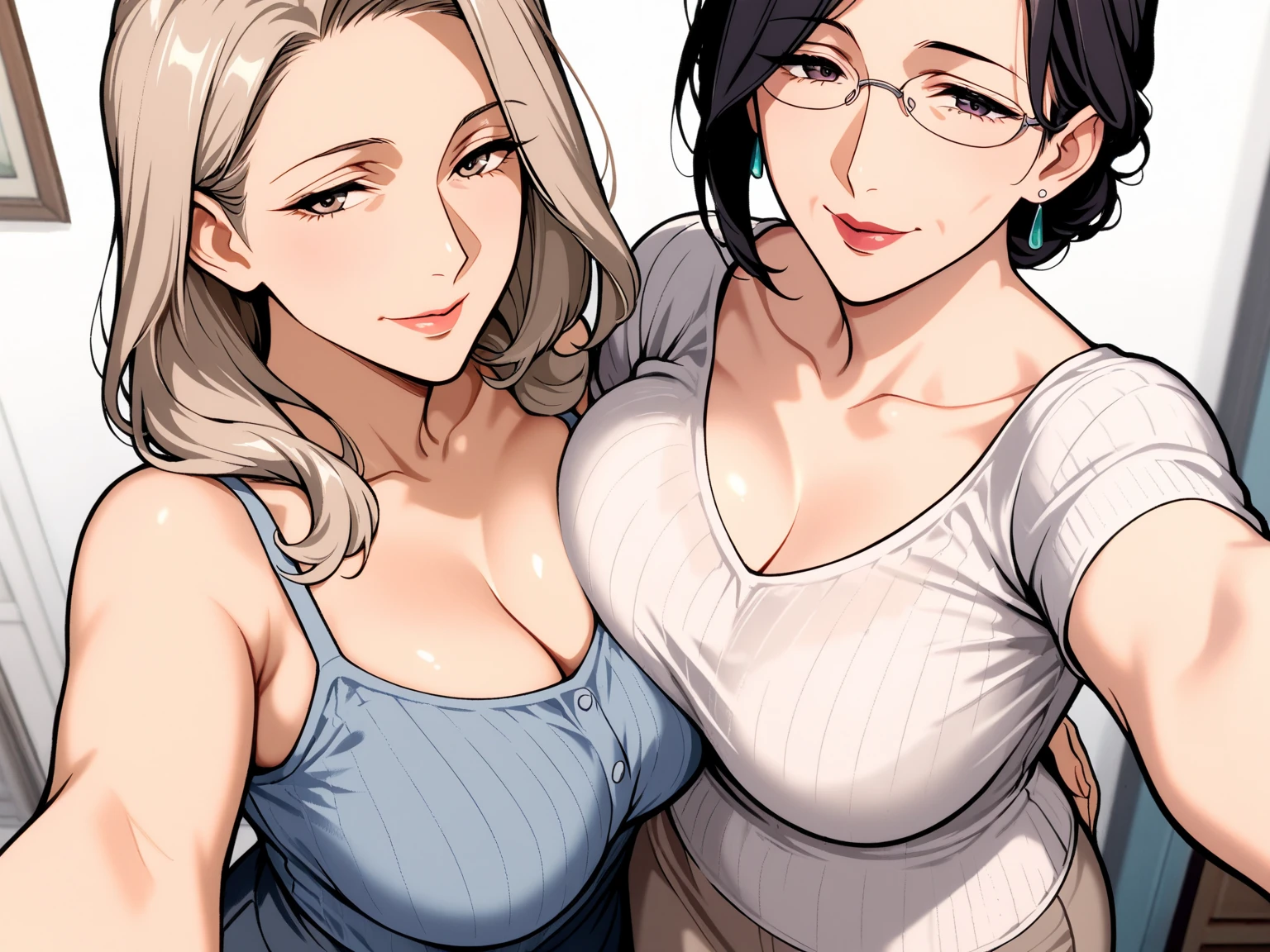 1mature female, 2woman, perfect anatomy, masterpiece, best quality, very aesthetic, ultra-detailed, best illustration, unity 8k wallpaper, official art, 100-layer, couple of snuggled up selfie 2girls