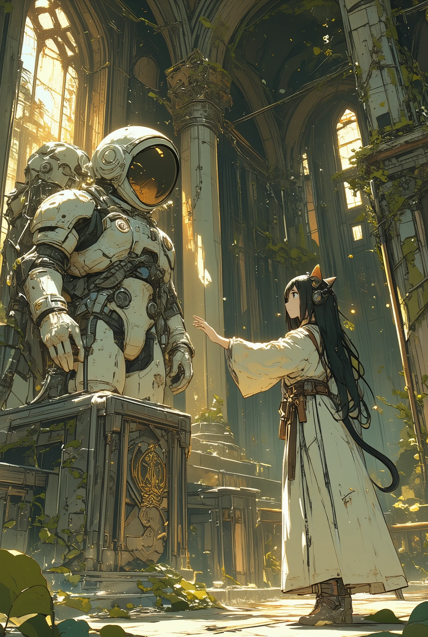 a photorealistic cinematic scene inside a vast high fantasy temple overgrown with ivy and glowing crystal veins, lit by soft rays of golden light filtering through shattered stained-glass windows
in the center of the ancient stone chamber stands a full NASA-style EVA spacesuit, white and dust-covered, resting upright on a carved pedestal as if preserved or worshipped
beside it, a young cat-eared sorceress in a long flowing robe reaches out with hesitation and wonder — her hand hovering just inches from the suit's chestplate
her large curious eyes reflect the polished helmet visor, and magical sigils faintly glow from her fingertips, reacting to the mysterious artifact
she has a long tail, enchanted accessories, and a staff strapped to her back; her robes swirl slightly from ambient magical energy in the room
the contrast between her mystical presence and the ancient, pristine spacesuit creates a surreal, almost sacred tension
arcane runes shimmer faintly beneath her boots, and magical floating particles drift through the air, creating a soft glowing atmosphere
ultra-detailed digital painting, cinematic composition, high-fantasy meets sci-fi, soft tension and mystery, trending on ArtStation, best quality, aidmamj6.1