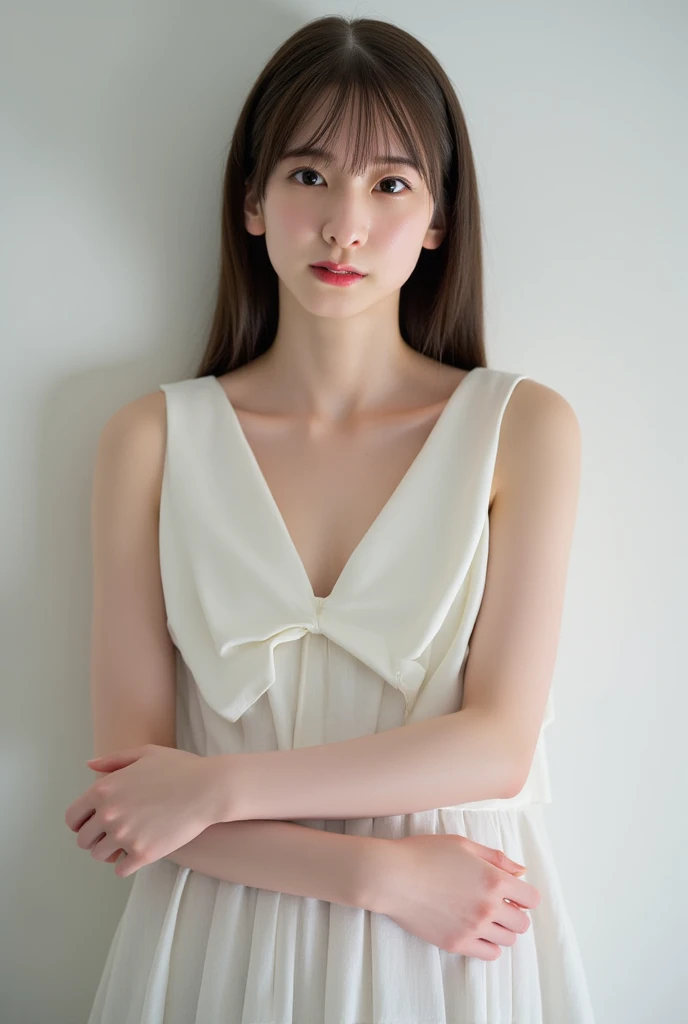 a girl, standing, white shirt, Open neckline, (delicate illustration:1.4), (renaissance art:1.4), <lora:kobeni_v10:0.9>, (masterpiece:1.0), (best quality:1.4), (ultra highres:1.2), (photorealistic:1.4), (8k, RAW photo:1.2), (soft focus:1.4), (18yo:1.3), (sharp focus:1.4), detailed beautiful face