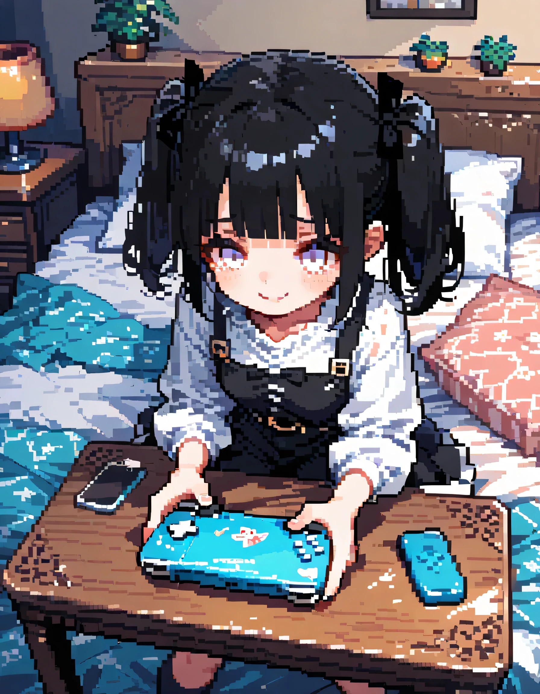 from above,dynamic angle,dynamic gaming pose,solo,black short twintail,blunt bangs,cute face,white eyes,natural cosmetic,worried smile,irritability,Playing games on my smartphone, late at night,my room,cute cushions,mini table,fancy furniture,fancy bed,full color,soft lineart,flat color background,minecraft style,(pixel art style),