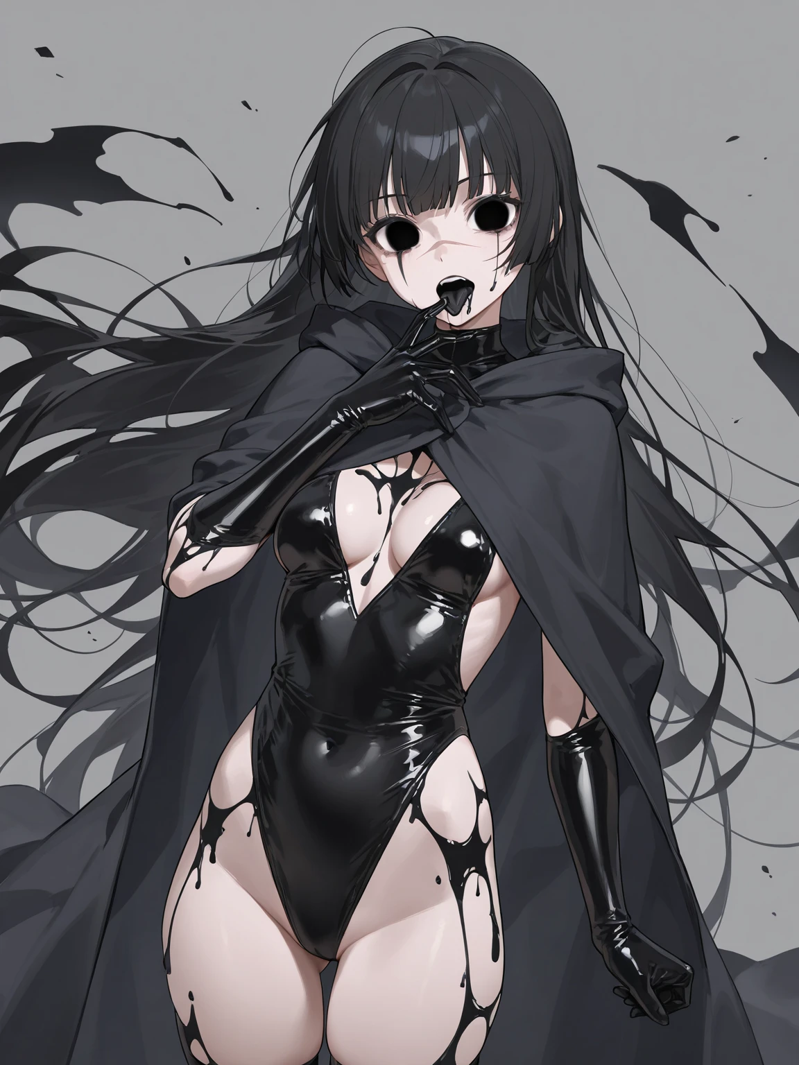 ((dark fantasy art)), Beautiful demon girl, glossy black top hat, ((Black skin)), (dark Black skin), Black skin, ((ashen skin)), (black glossy leather), wet skin, long black hair, Long bangs, is sitting, (hands up, Hands up, hands behind your head), ((very short clothes)), open belly, black liquids, a lot of fuel oil, a lot of flowing liquid, black oils, black oil liquids, very detailed art, very detailed background