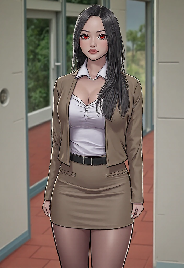 (best quality:1.3), (4k quality),(sharp image), Pieck, ((Detailed face)), ((masterpiece face)),((perfect detailed eyes)) (blush), Pieck, (((black hair, black wavy hair))), grey eyes, pink lips, pink lips, sly face, face with stern features, ((detailed face)), perfect face, highly detailed eyes, masterpiece, absurdres , (intricate details), (colorful),cinematic lighting, extremely detailed CG unity 8k wallpaper , 1girl, solo, mature female, erected tits, fit body, cameltoe, jacket, white shirt, skirt, ((living room)), ((perfect small erected breast))((fit slim body)), standing in seductive pose