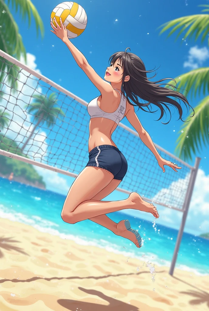A hot anime woman on the beach playing with a black fiberglass racket in her right hand