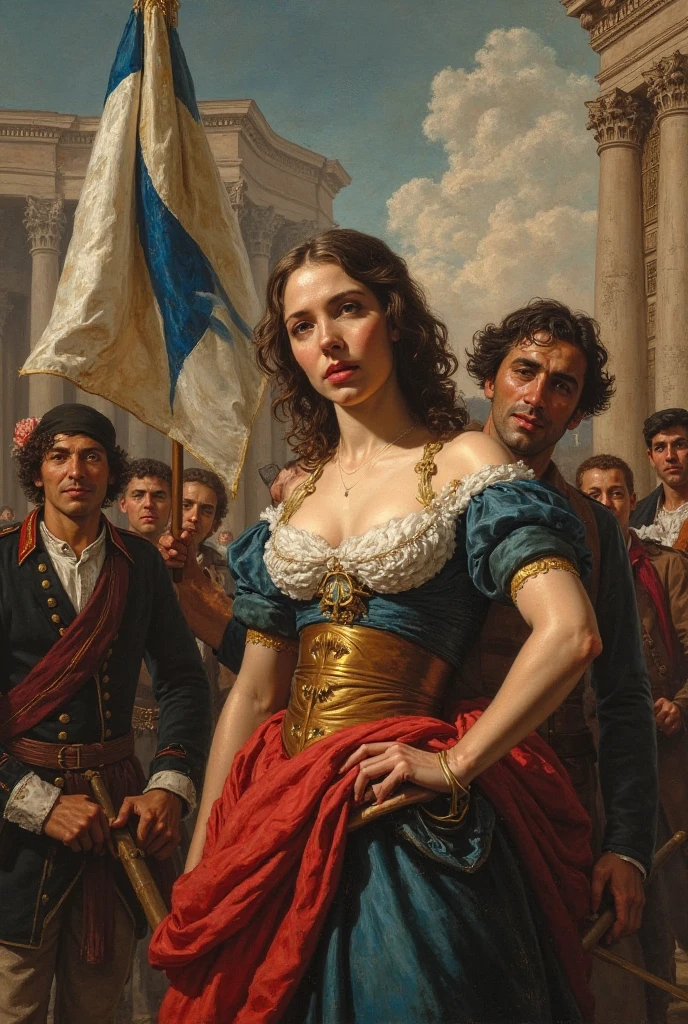 Nathalie Portmann, 25 ans, seductive look, sourire romantique, fine, brune, yeux verts, masterclass, 8K, UHD, HD, High quality, sexy, dans un tableau de peinture de la renaissance, Liberty Leading the People, topless, French Revolution