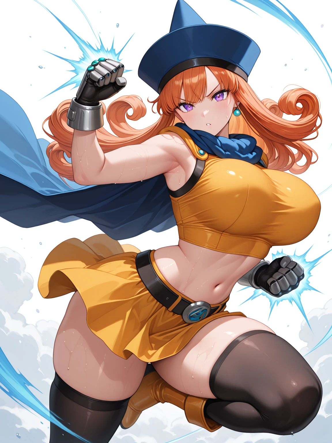 Kousaka honoka, cowboy shot, sexy pose,(big breasts:1.4),blue eyes, orange hair, cape,witch necklace, strapless, leotard, sexy,curvy body, Blush, energetic smile, standing,in air, falling down, flying smoke,hair ornament, detailed hair strands,dark sky with ghosts and dark magic, wide hips