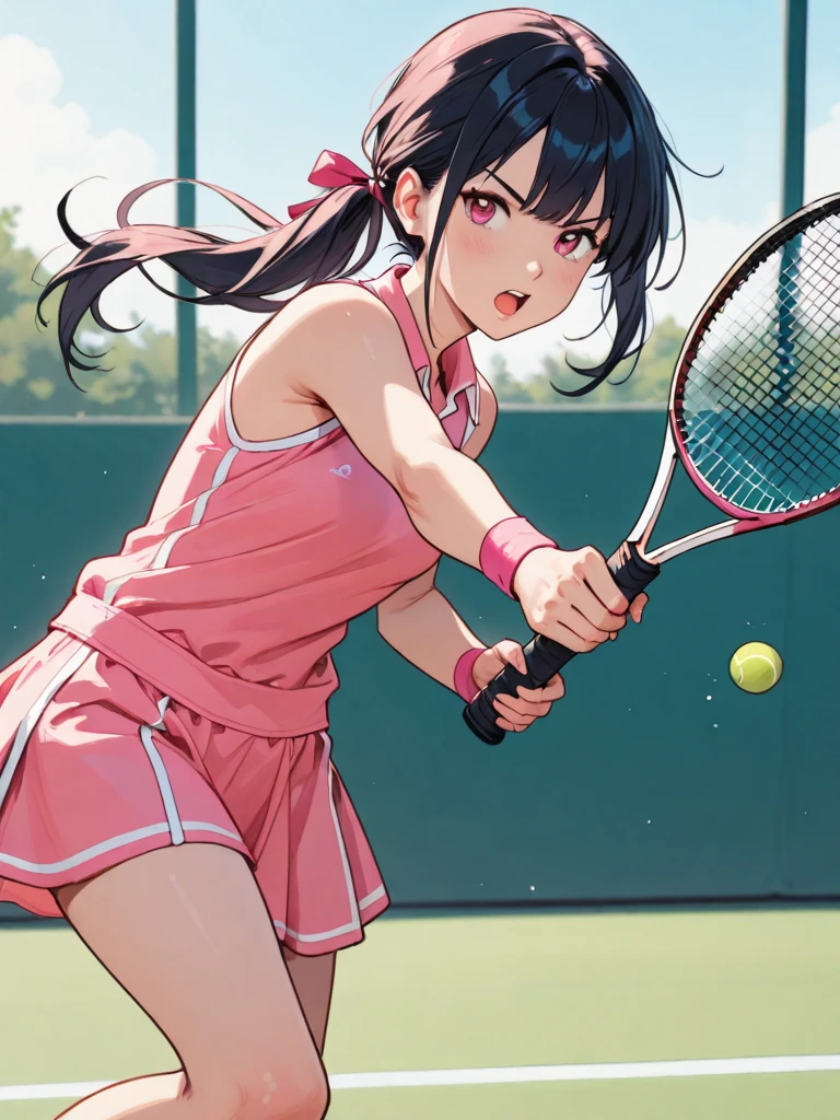 masterpiece, (textured skin), best quality, gorgeous beautiful girl, (a female tennis athlete), detailed clothes,large breasts,narrow waist,, (beautiful face), cinematic lighting, (at tennis venue ),