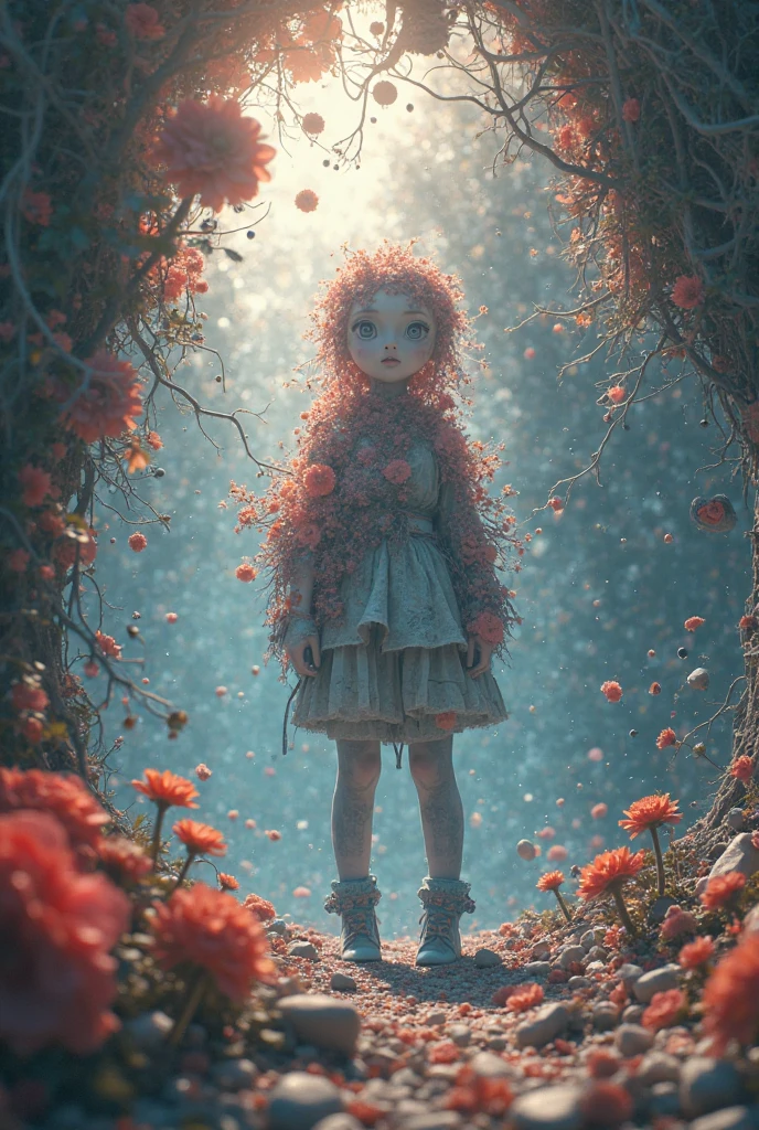 night sky theme, delicate body, small breasts, little girl, with a pretty face, and sweet little red eyes, with black red hair,