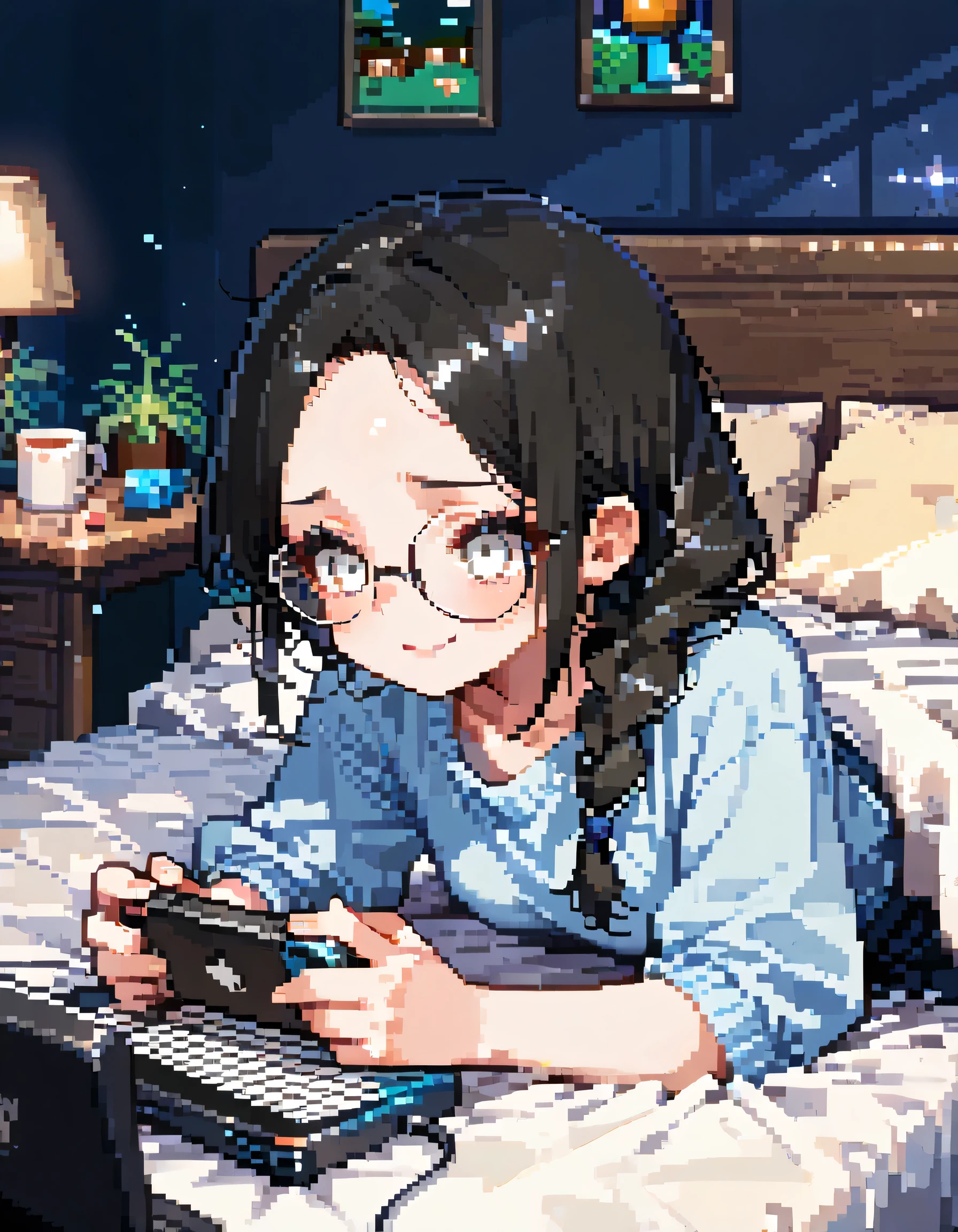 sideview,dynamic angle,dynamic gaming pose,solo,27years old,black single braid,forehead,glasses,adult female face,white eyes,natural cosmetic,worried smile,irritability,Playing games on my iphone, late at night,my room,cute cushions,mini table,fancy furniture,fancy bed,full color,soft lineart,flat color background,minecraft style,(pixel art style),