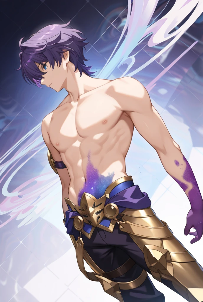 Close up of a cartoon male character wearing a white and purple leotard dress、A boy with short light purple hair、Boy with short dark purple hair、Purple eyed boy、solo、Zodiac Boy、Magic Boy、portrait Zodiac Boy、Amethyst Prince、Long legs、purple Scales and a purple ribbon covering his chest、Bare shoulders、Purple Arm Warmer、Bare legs、Bare thighs、Purple Thigh Boots、Purple leotard underwear、!!Full body portrait!!、 Magic Boyのスタイル、Magical Aura、Heavenly Aura、Lightning aura、Anime Prince、Naughty anime style、Hymn to the King as a Prince、