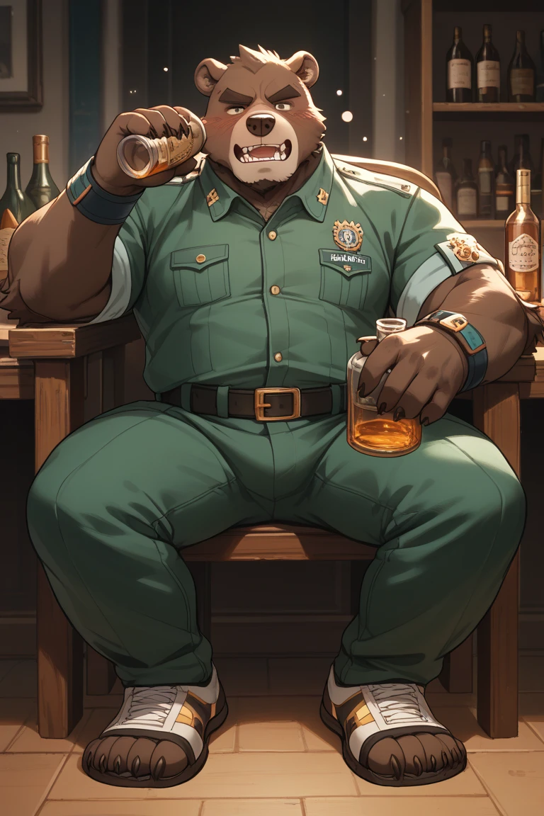 anthro ((bear)), furry, bear, green fur, green hair, ((beard)), male, white eyebrows, red eyes, masterpiece, ((Best quality)), character focus solo, handsome, middle-aged, mature, muscle body, sexy, dilf, full body, (((jinpei))), ((naked body)), ((muscle)), ((erection upward)), (long white coat), (black protective inner suit), (gray pants), (military shoes), (weilding magic staff), ((anal intercouse)), ((top position)), ((cum overflow)), ((half naked)), ((unbutton shirt))