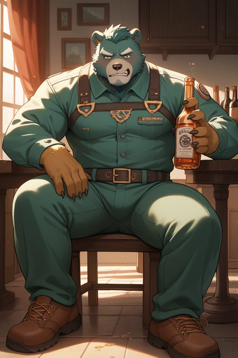 Solo, male, sitting at tavern, bulge, by bigcozyorca, by goonie-san, by bebebebebe, by spikedmauler, front view, big buff , bear, ebony black fur, black fur, bushy tail, buff, wearing brown fantasy leather armor, tall, masculine, bulge, sexy, sexy expression