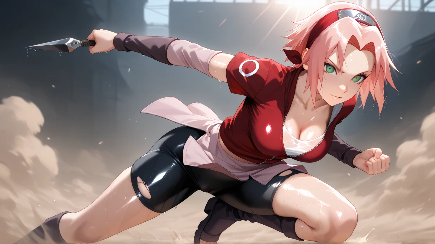 sakura haruno, ((4k, master part, alta qualidade, detalhe)), short hair, Camisa vermelha sem mangas, black thigh shorts, mostrando suas axilas, agachamento sexy, mostrando-lhe , floresta, ((majo)), anime Naruto shipudden