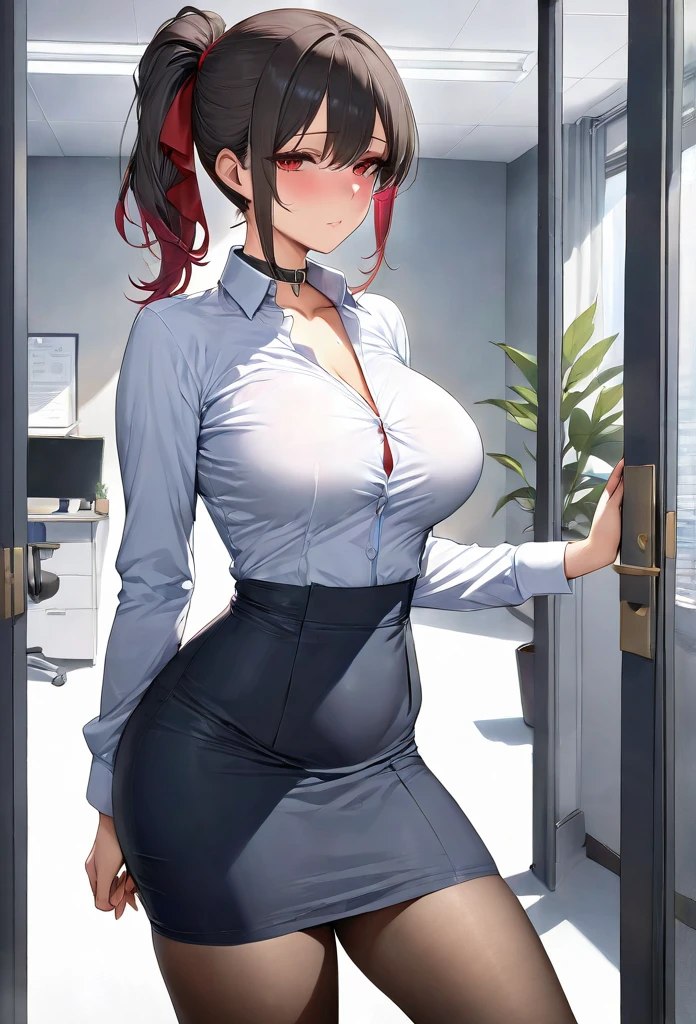 realistic pictures、Office Lady、Tight Skirt、super mini skirt、ponytail、pink blouse、see-through bra、white bikini panties、sitting、from the front、spread her legs,show white panties,beautiful camel toe、beautiful thighs、beautiful panties、(indoor modern office/), Limited to 1 female, /(casual shirt pencil skirt/) ID card, /(black hair/) bangs, A gentle smile with a blush, (A masterpiece of the highest quality:1.2) super detailed, big breasts