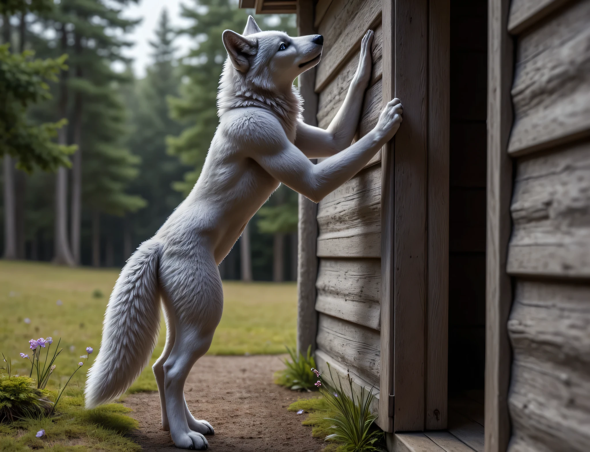  (masterpiece), best quality, 1wolf,  realistic, highly detailed, shallow depth of field, sharp focus, hyperrealism, cinematic lighting, photorealistic style, 8k solution, a gray wolf is stands on its hind legs and knocks on the door of grandmas old wood house in the middle of the forest, view from the side, 