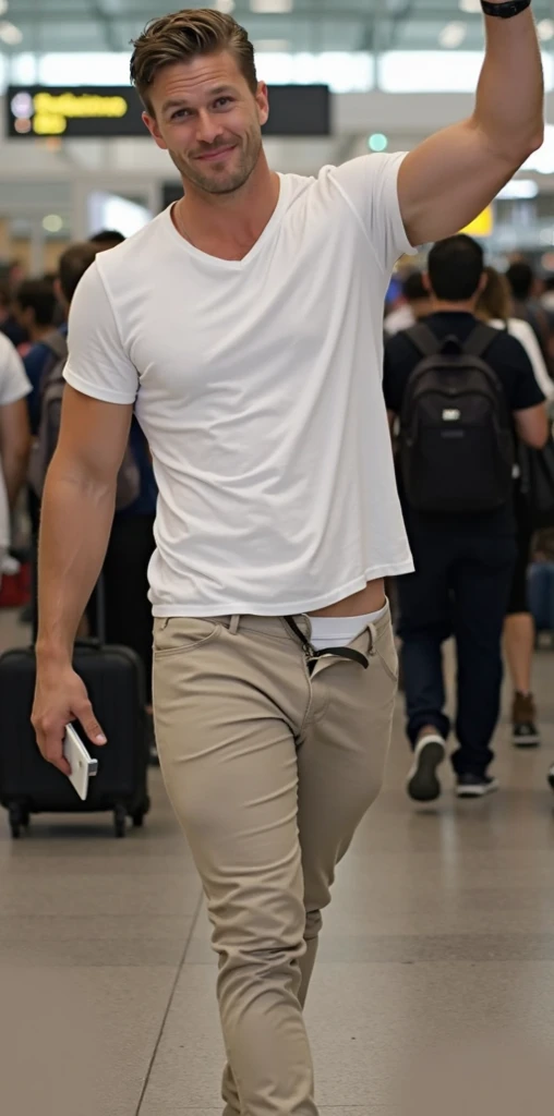 There are two men standing next to a street sign on the sidewalk, he is wearing a black T-shirt, taken in early 2020, no pants, white jockstrap, torn underwear, (large thighs) ((hairy thighs)), leaked image, very low quality image ((undefined thighs)) (hairy legs) ((CUECA))