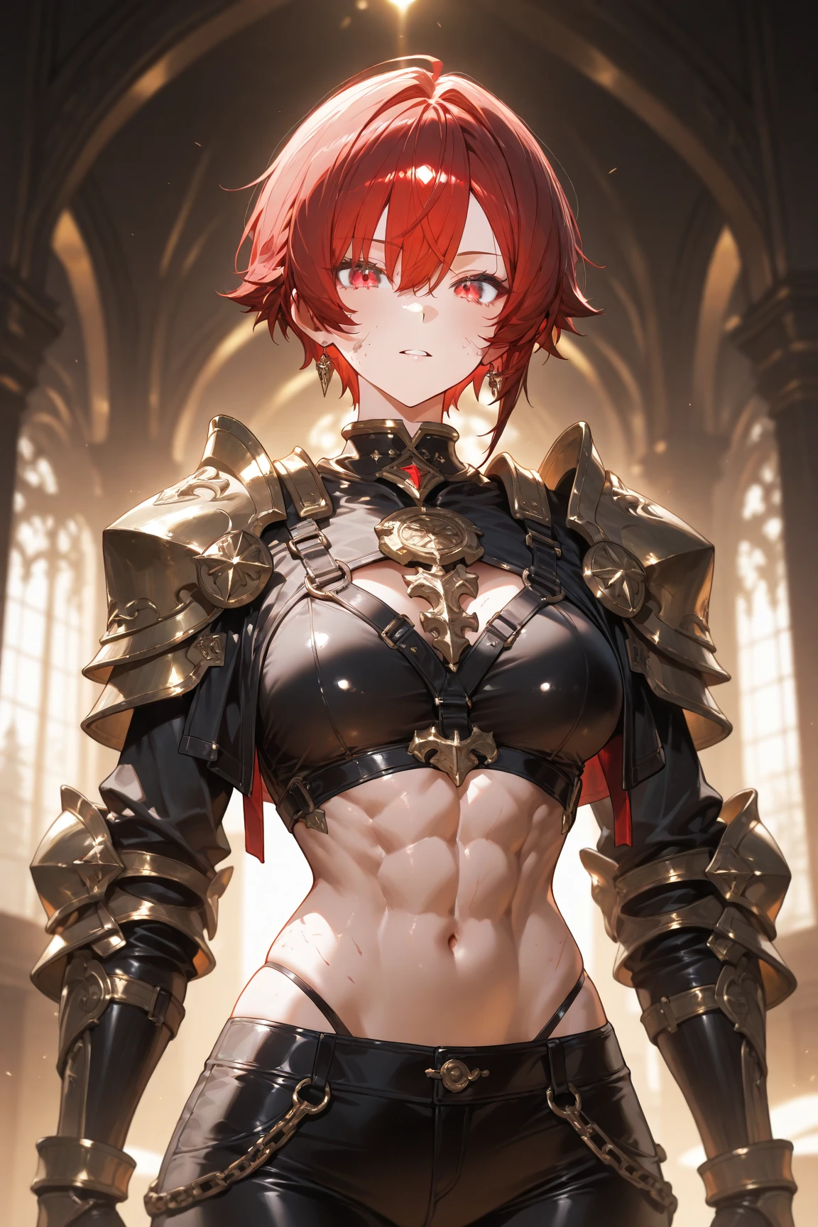 beautiful woman with short white hair, orange inferno eyes, wolf ears and a braided ponytail. She is wearing a revealing, sexy, fantasy knight armor with legplates. Her body is muscular and she is incredibly sexy. Her eyes are orange. She has strong, muscular arms and thick thighs. Wide hips.