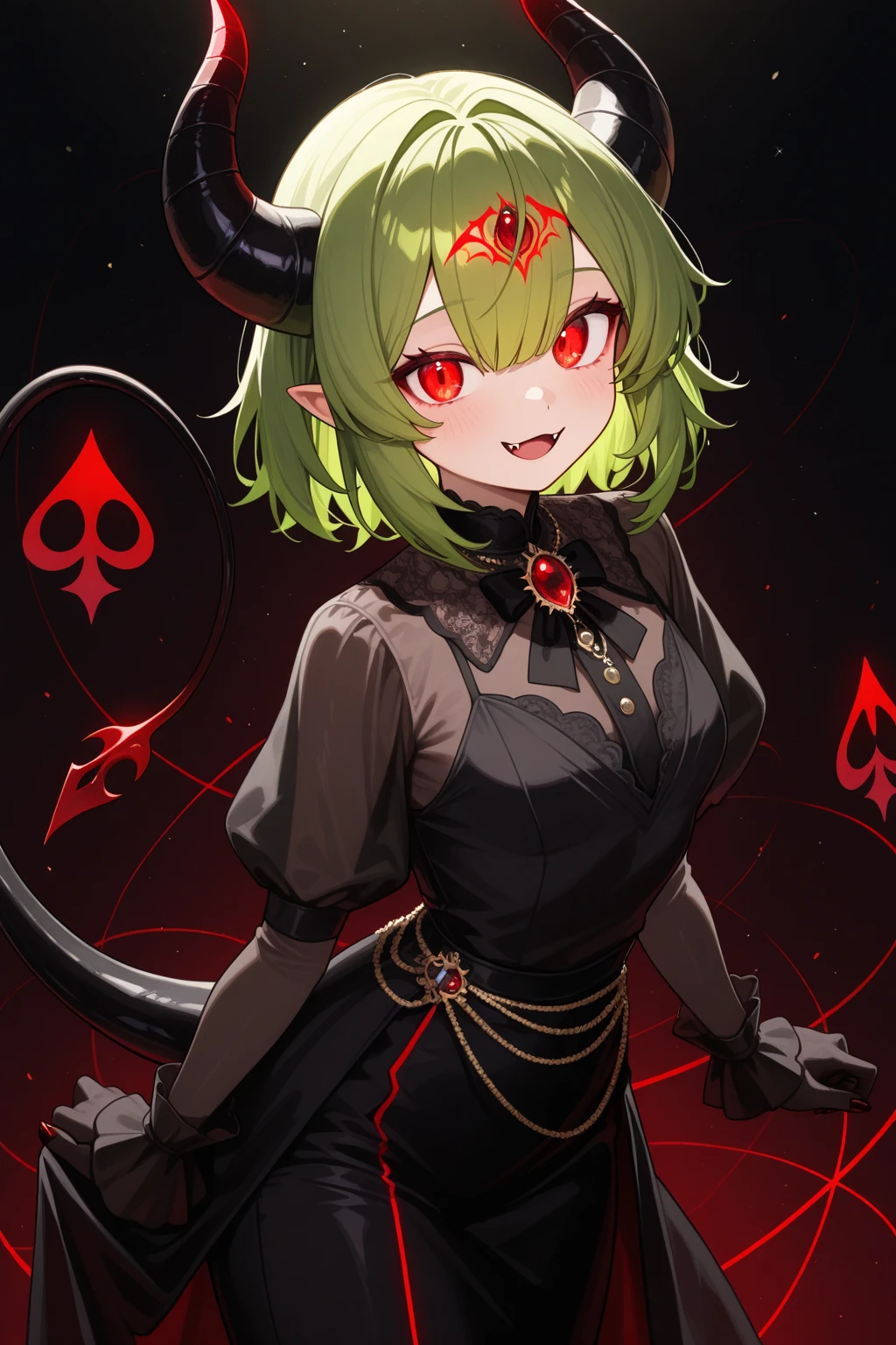 Imp, female (intelligent, cunning), bat wings, red skin, horns adorned with ((golden bells)), vibrant emerald green eyes, mischievous smile, invention (specialty), mischief (specialty), unusual delights (creation), ((troublemaker))), ((maid))