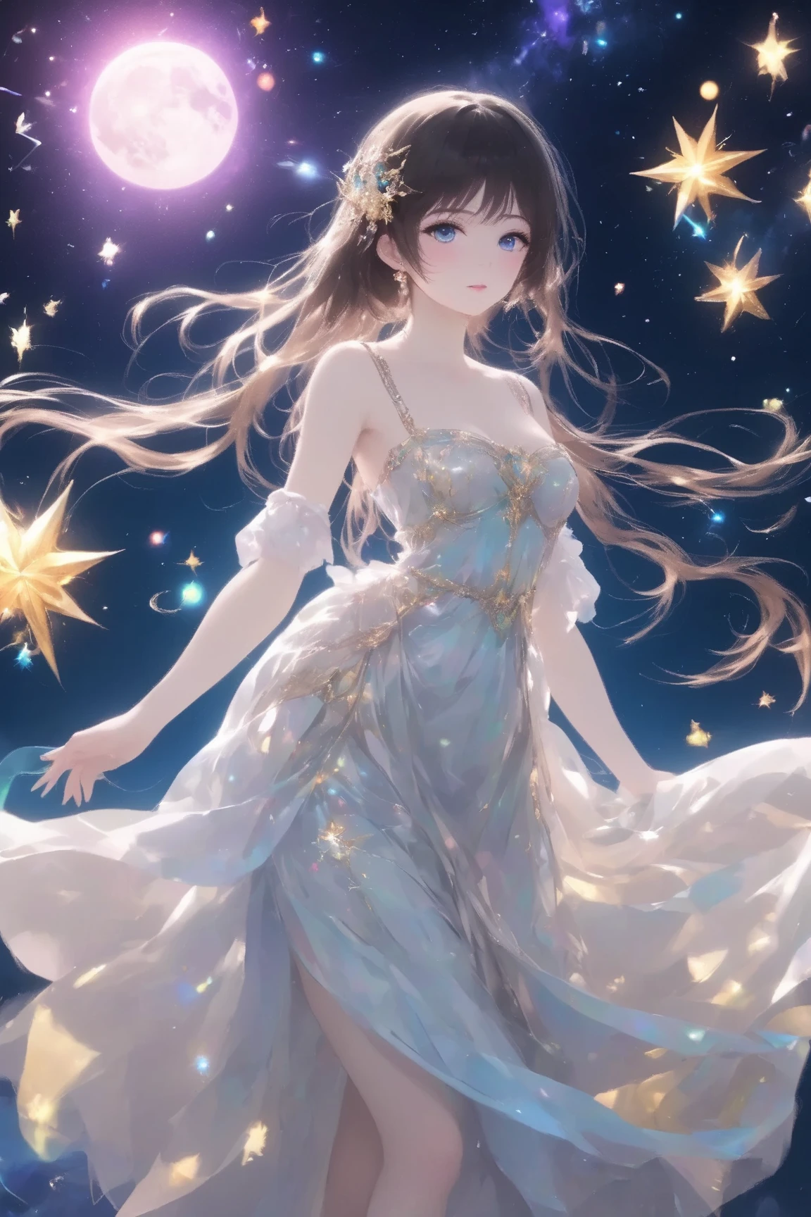 1girl,(((Super detailed、Highest quality、Masterpiece、Dynamic composition、Award-winning works)))、Anime Style、Star Fairy、universe、Night Sky、Milky Way、Meteors、