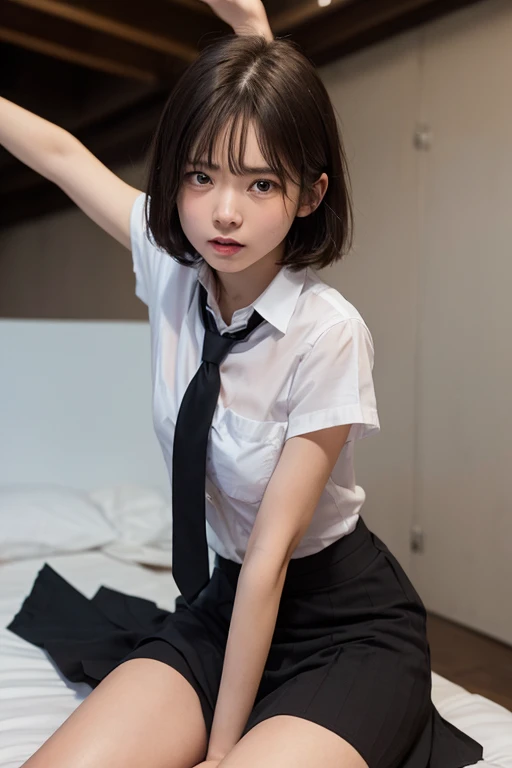 Korean 、Tight shirt、Ribbon tie、Skirt、School、Schoolの階段、Place your arms over your chest for emphasis、Thin and large、8k RAW photos、High resolution、Year:18 、Japanese、Incision、Very large round breasts、Beautifully drawn eyes in every detail、Long eyelashes、Beautiful double eyelids、eye shadow、Eyeliner、Narrow eyes、Elongated eye shape、Three white eyes、Beautiful slim legs、Beautiful and thin thighs、Random Shorthair、Tie your hair behind your head、耳Nipple Ring、Light brown hair、(Wear pantyhose)、Thighs are porn、smile、Open your mouth a little
