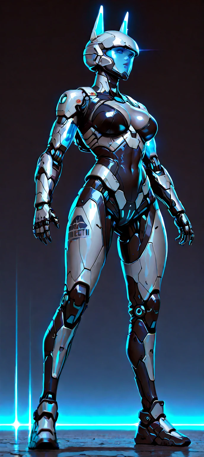 Beautiful cybernetic girl in black mobile cybernetic battle suit detailed muscles realistic masterpieces full figure pose (best quality,ultra-detailed), white-hair with updo, blue eyes, fair skin, fit body, slim figure, narrow waist, large buttocks, (cocky expression), wearing full black cybernetic battle spacesuit