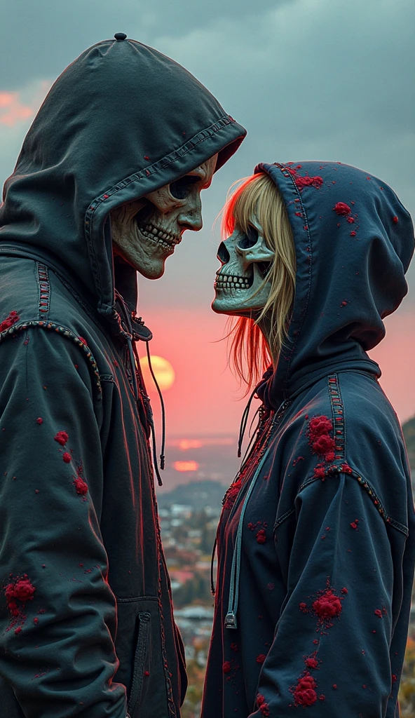 Man without eyes dripping black liquid wearing a blue mask and blue sweatshirt, next to a girl with curly pink hair
