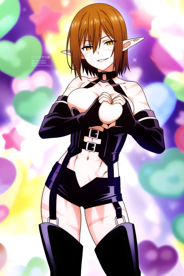 high quality,masterpiece,short hair,brown hair,girl1name,medium breasts,Mysteriously glowing uterus tattoo on abdomen,has a cute face and a wicked smile,blue eyes,both the same color,The costume is a revealing, evil, corrupt magical girl outfit.,Costumes with flashy designs such as ribbons and frills,The color scheme of the costume is purple and black.,mini skirt,long gloves on both hands,Long socks on both legs,bed,lie down,stylish pose, stylish angle,looking at the viewer, in the center of the image,cowboy shot,