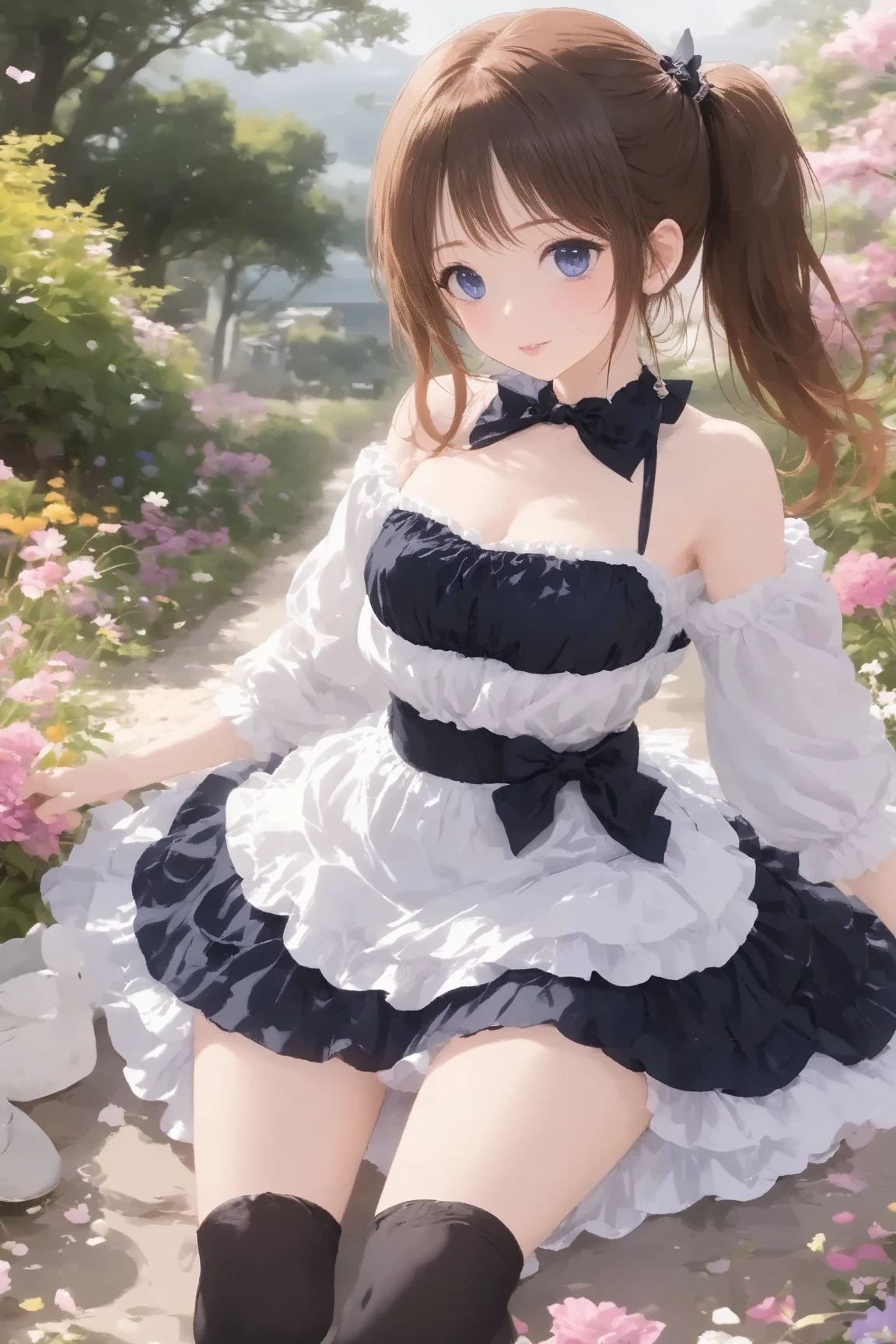 best quality, highly detailed, detailed background, female, long hair, large breasts, dress, stockings, (castle:1.2), wooden beams, (magic:1.2), gloves, indoors, stone walls, cracked, orbs, (bubbles:1.5), <lora:baby_doll_dress:0.4>, wearing baby_doll_dress
