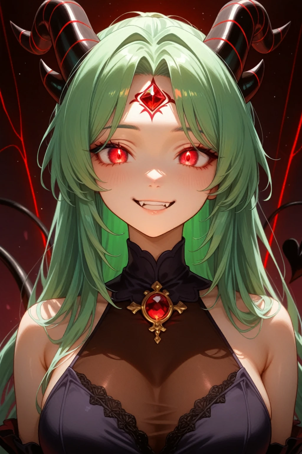 An intelligent and cunning Imp Maid, with bat wings, red skin, and horns adorned with golden bells. Her eyes are a vibrant emerald green and her smile is mischievous. His specialty is invention and mischief, excelling in creating unusual and unexpected delights.