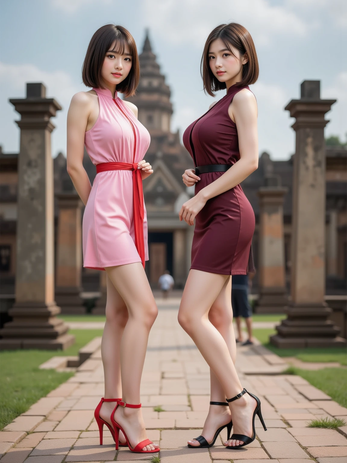 ((​masterpiece:1.4)、(top-quality:1.4)、(reallistic:1.7))、a beauty girl、Super sexy girl、Super beautiful girl、((1girl in:1.4))、Shiny natural skin texture、Glossy luxury latex、Luxury Latex Bodysuit、Very revealing sexy outfits、By Luis Royo、age19、Super Ultra Ultra Bikini、Cute tattoos、(standingn)、(full body Esbian:1.4)、(Looking Back Beauty)、(Two arms:1.4、Two legs:1.4)、(perfect anatomia:1.4)、(Perfect female body:1.4)、Portrait photo of a girl、Soft front light、beautiful countenance、kawaii faces、Beautiful udder、Colossal tits、Beautiful ass、A detailed eye、Draw eyes clearly and beautifully、beautidful eyes、Narrow waist、Raw photo、red-lips、Red high heels、Cute Hair Ornament、a choker、a necklace、耳Nipple Ring、1 screen display、Beautiful girl standing on the ruins of an ancient city